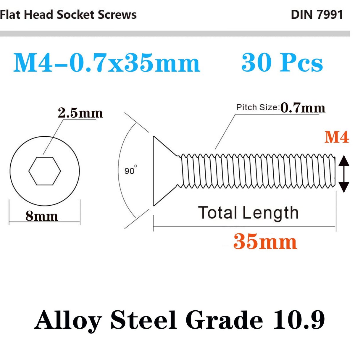 30 Pcs M4-0 7 X 35mm Flat Head Socket Cap Screws Alloy Steel Grade 10 9 Din991 Allen Drive Hex Black Oxide Finish M4-0 7