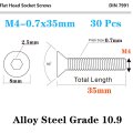 30 Pcs M4-0 7 X 35mm Flat Head Socket Cap Screws Alloy Steel Grade 10 9 Din991 Allen Drive Hex Black Oxide Finish M4-0 7