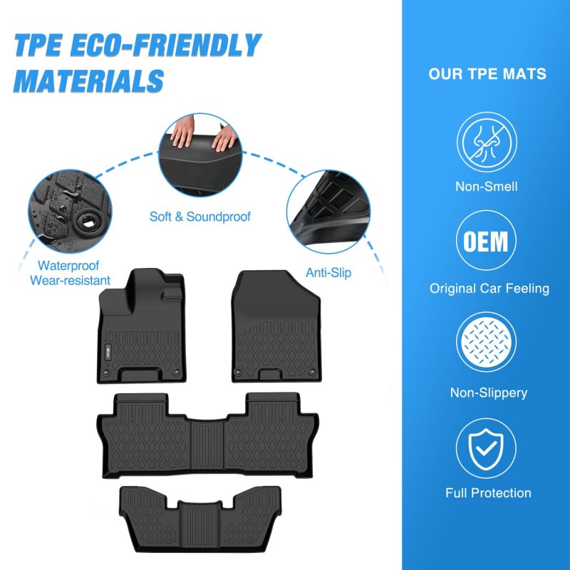 Tpe Floor Mats For Honda Pilot 7 Passenger 2016 2017 2018 2019 2020 2021 2022 All Weather Custom Fit Heavy Duty Liners Black