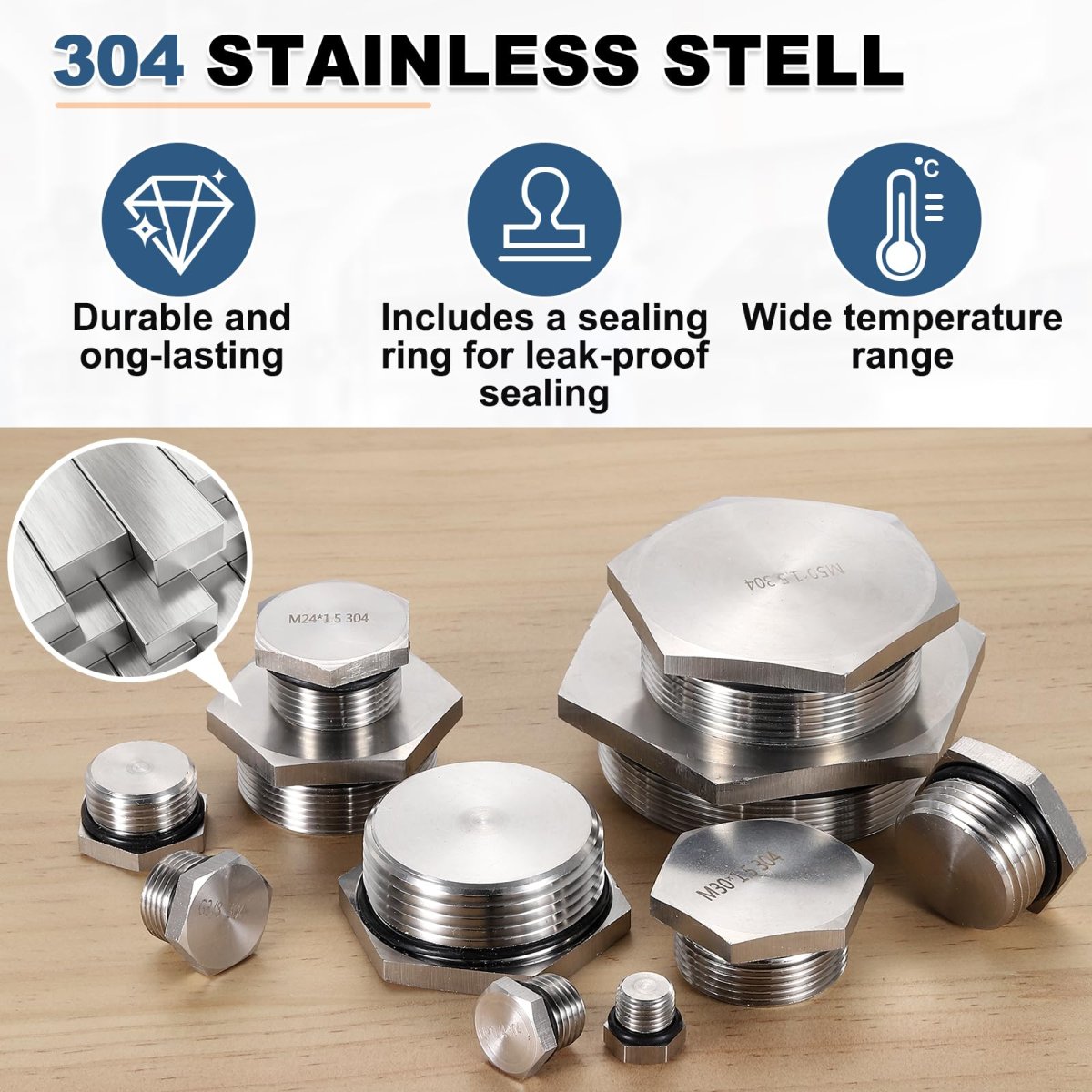 304 Stainless Steel Pipe Plug G1 8 Male Outer Hex Head Thread Fitting With Sealing Ring For Hydraulic And Pneumatic Systems