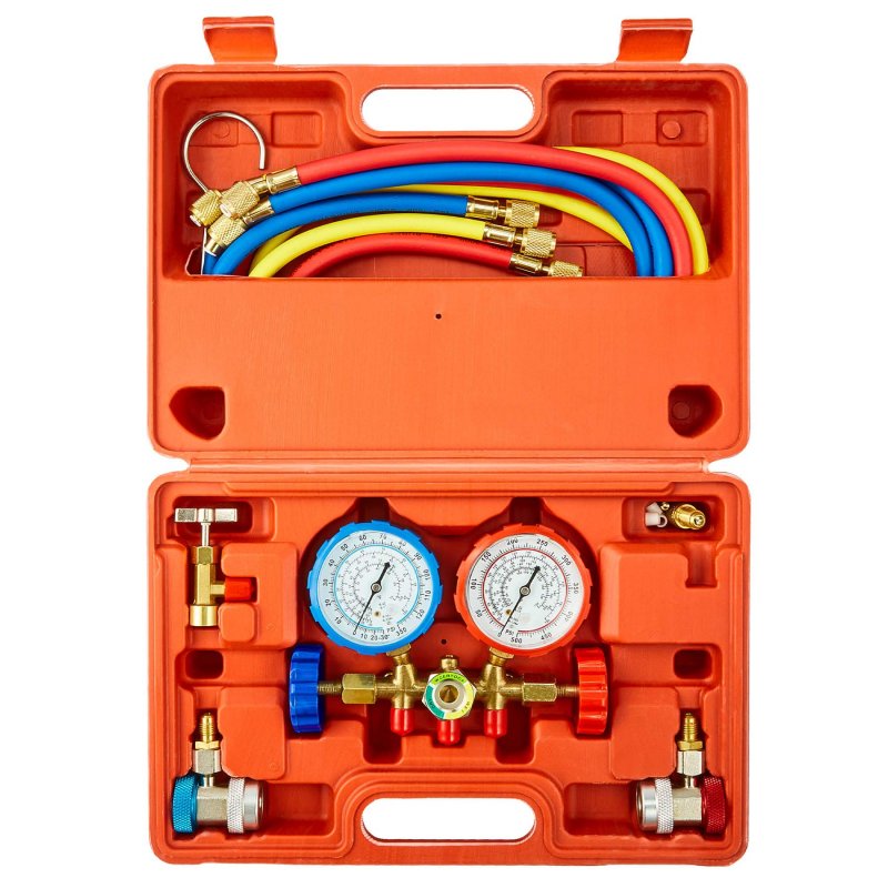 3 Way Ac Diagnostic Manifold Gauge Set For R134a R12 R22 R502 Refrigerants 5ft Hose Tank Adapters Adjustable Couplers And Can