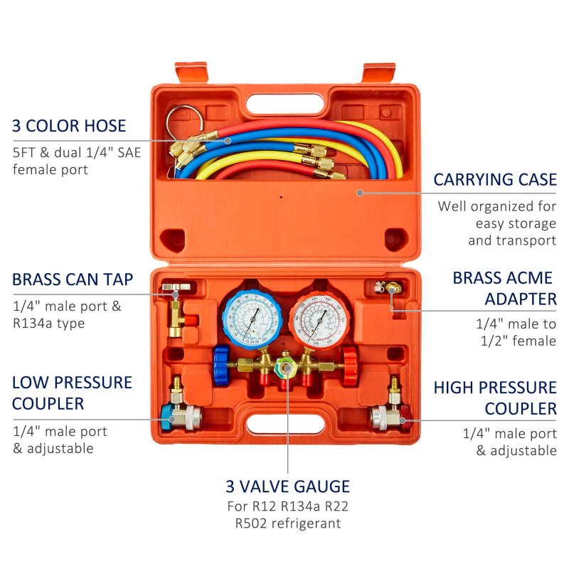 3 Way Ac Diagnostic Manifold Gauge Set For R134a R12 R22 R502 Refrigerants 5ft Hose Tank Adapters Adjustable Couplers And Can