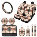 Viewamoon Beige Aztec Geometry Car Seat Cover Set With Steering Wheel Ethnic Interior 12 Pieces Elastic Fashion Console Hand 