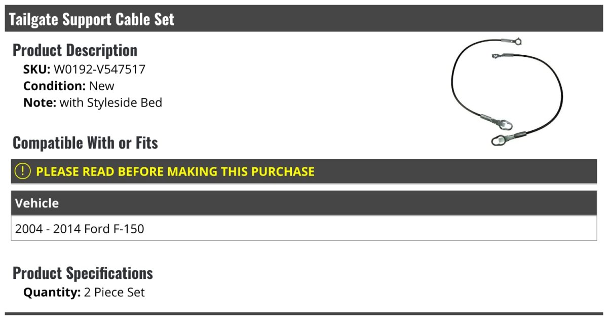 Tailgate Support Cable Set 2 Piece For 2004-2014 Ford F-150 With Styleside Bed