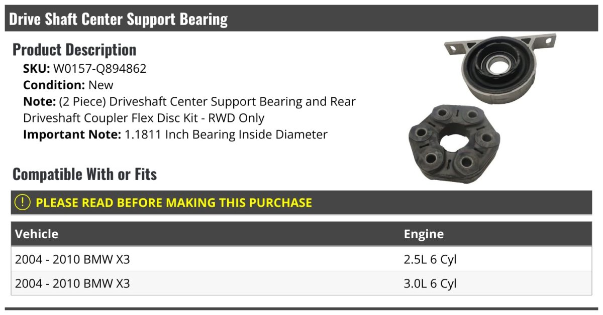 Drive Shaft Center Support Bearing For 2004-2010 Bmw X3 Rwd