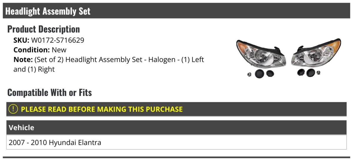 Halogen Headlight Assembly Set Of 2 For 2007-2010 Hyundai Elantra