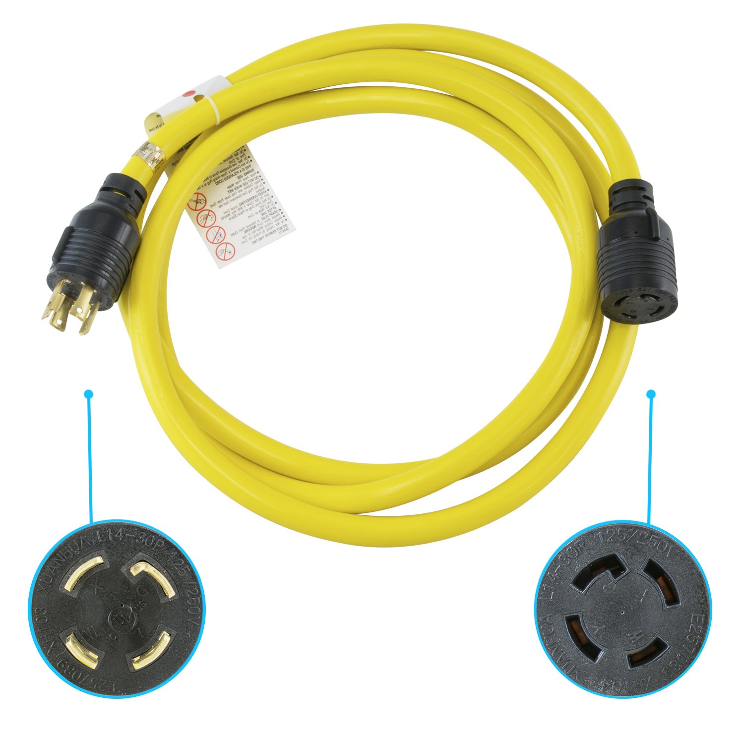 Houseables Generator Cord Electric Extension Wire 4 Prong 30 Amp 125-250v Single Yellow 10 Ft All Rubber Gauge Heavy Duty