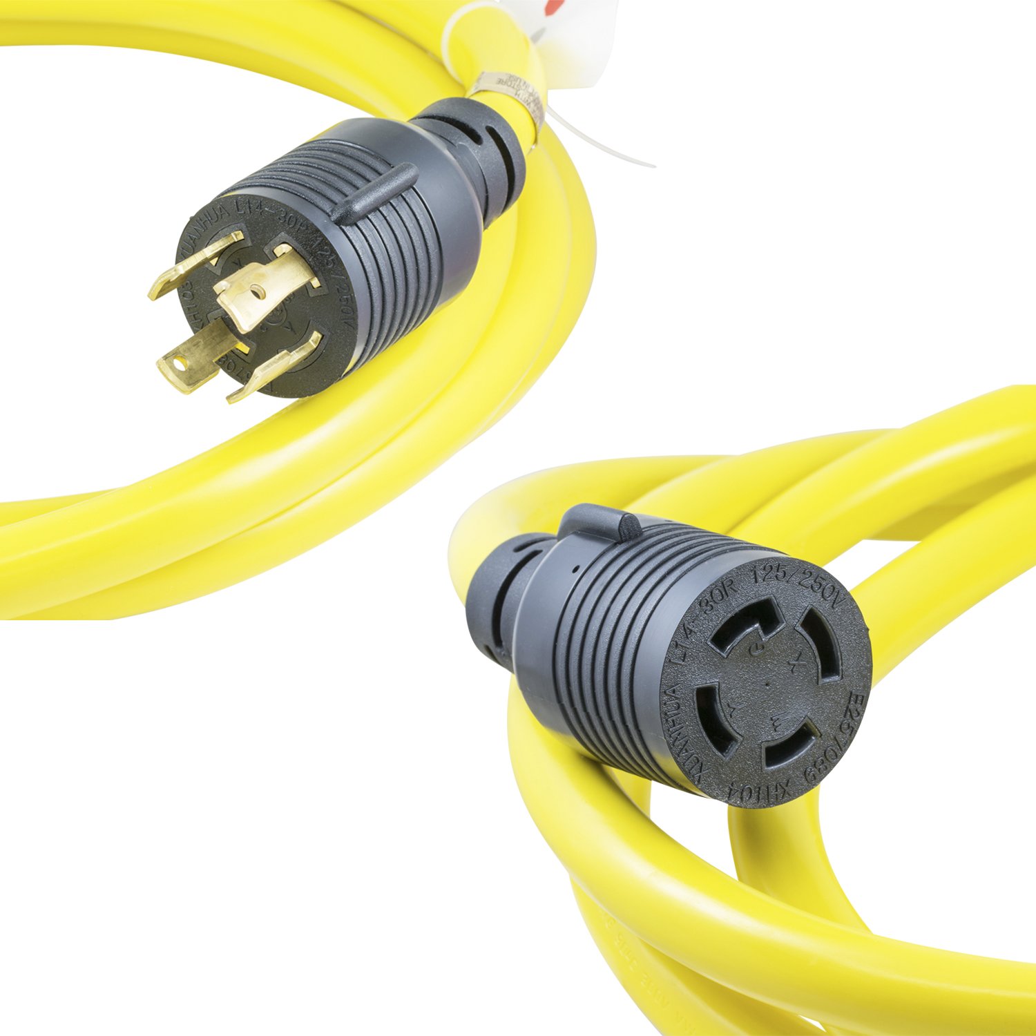 Houseables Generator Cord Electric Extension Wire 4 Prong 30 Amp 125-250v Single Yellow 10 Ft All Rubber Gauge Heavy Duty