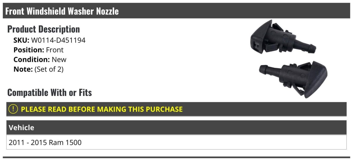 Front Windshield Washer Nozzle Set Of 2 For 2011-2015 Ram 1500