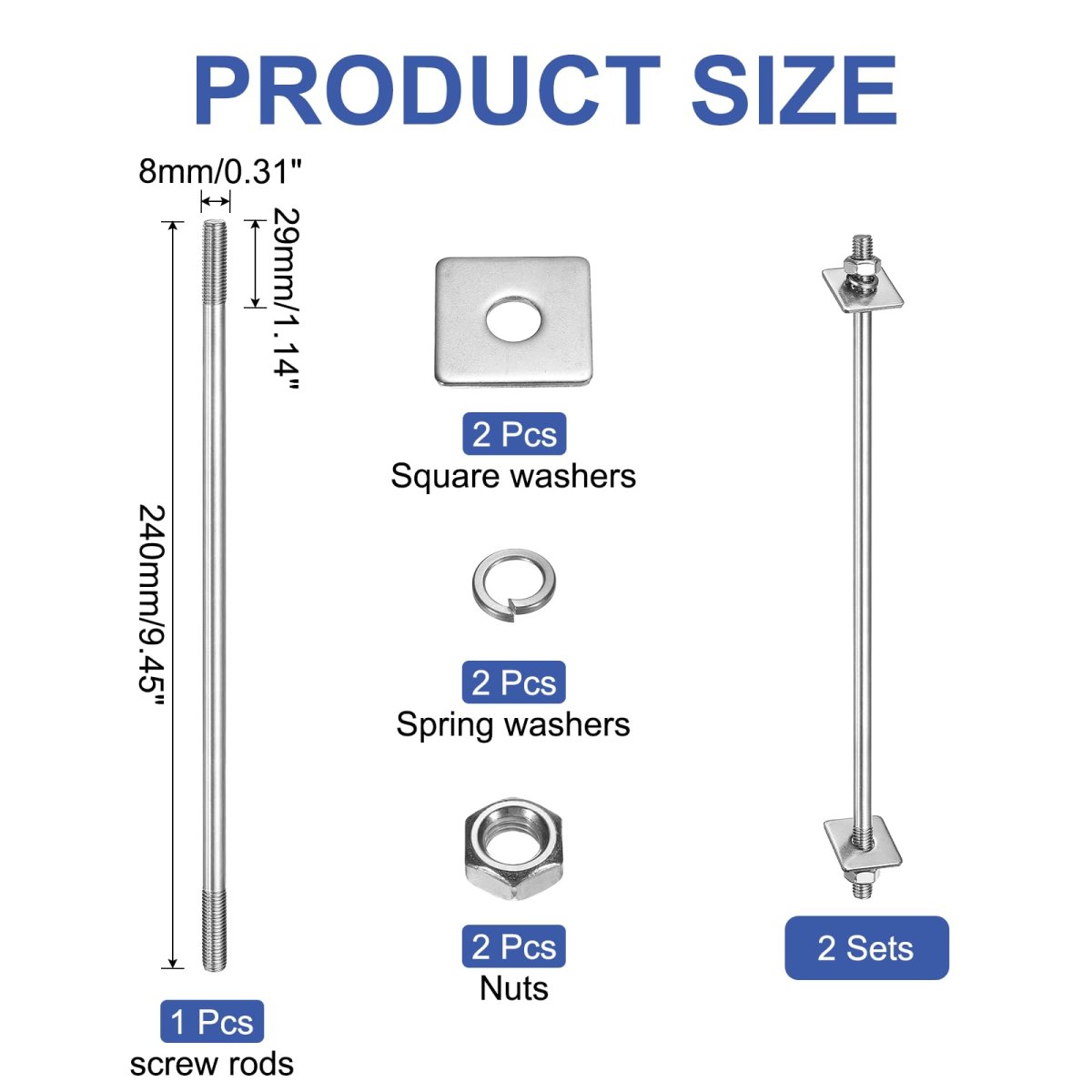 2pcs M8x240mm 304 Stainless Steel Double End Threaded Stud Screw Bolt With Nuts Square Flat Washers Spring For House