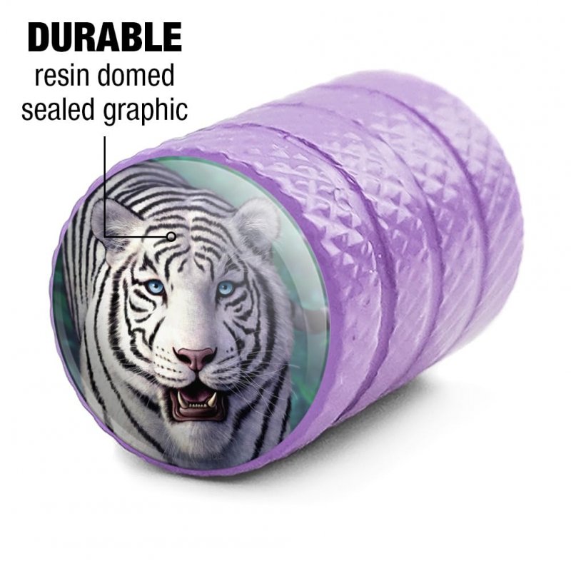 White Tiger And Cub Valve Stem Caps For Tire Rim Wheel Purple Aluminum Schrader Type Air Covers 4 Pieces