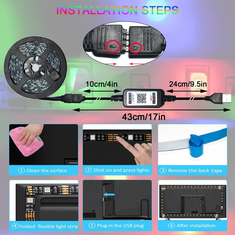 Tv Backlight Led Lights For 45 To 85 In 16 41 Ft Bluetooth App Control Rgb Strip 150 Pcs 5050 Leds Usb Powered Multicolor