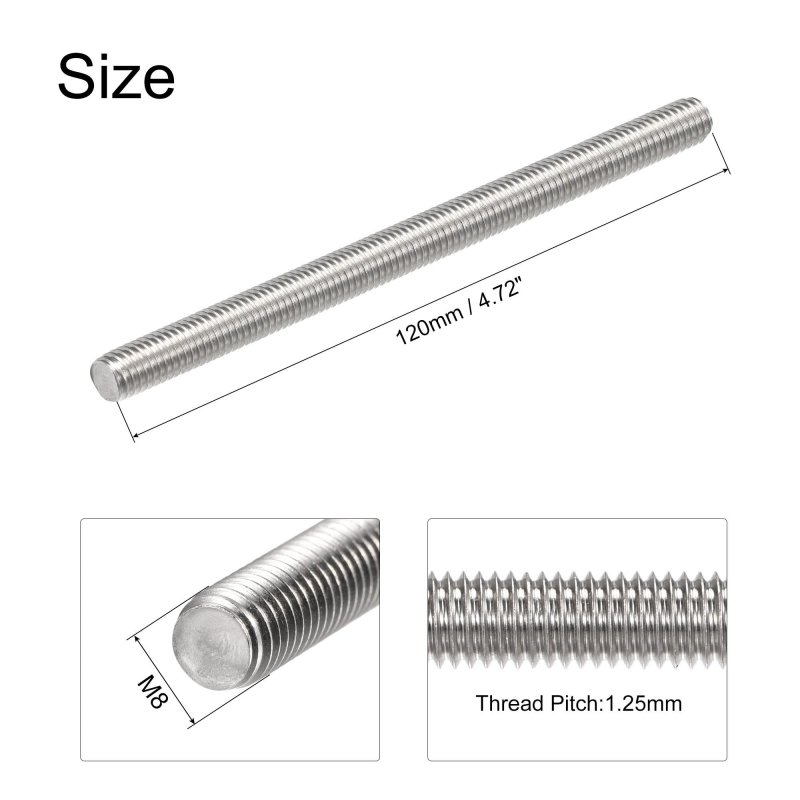 6pcs M8 X 120mm Fully Threaded Rod 304 Stainless Steel Right Hand Threads