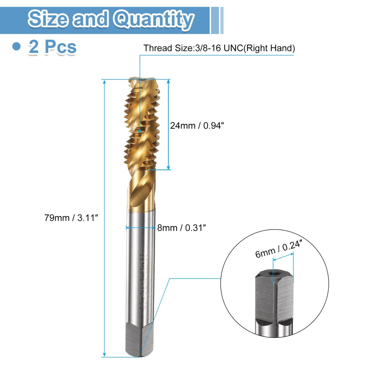 2pcs Spiral Flute Thread Taps 3 8-16 Unc 2b Machine Threading Tap Bit Titanium Coated Screw Tapping Repair Tool M2 High-speed