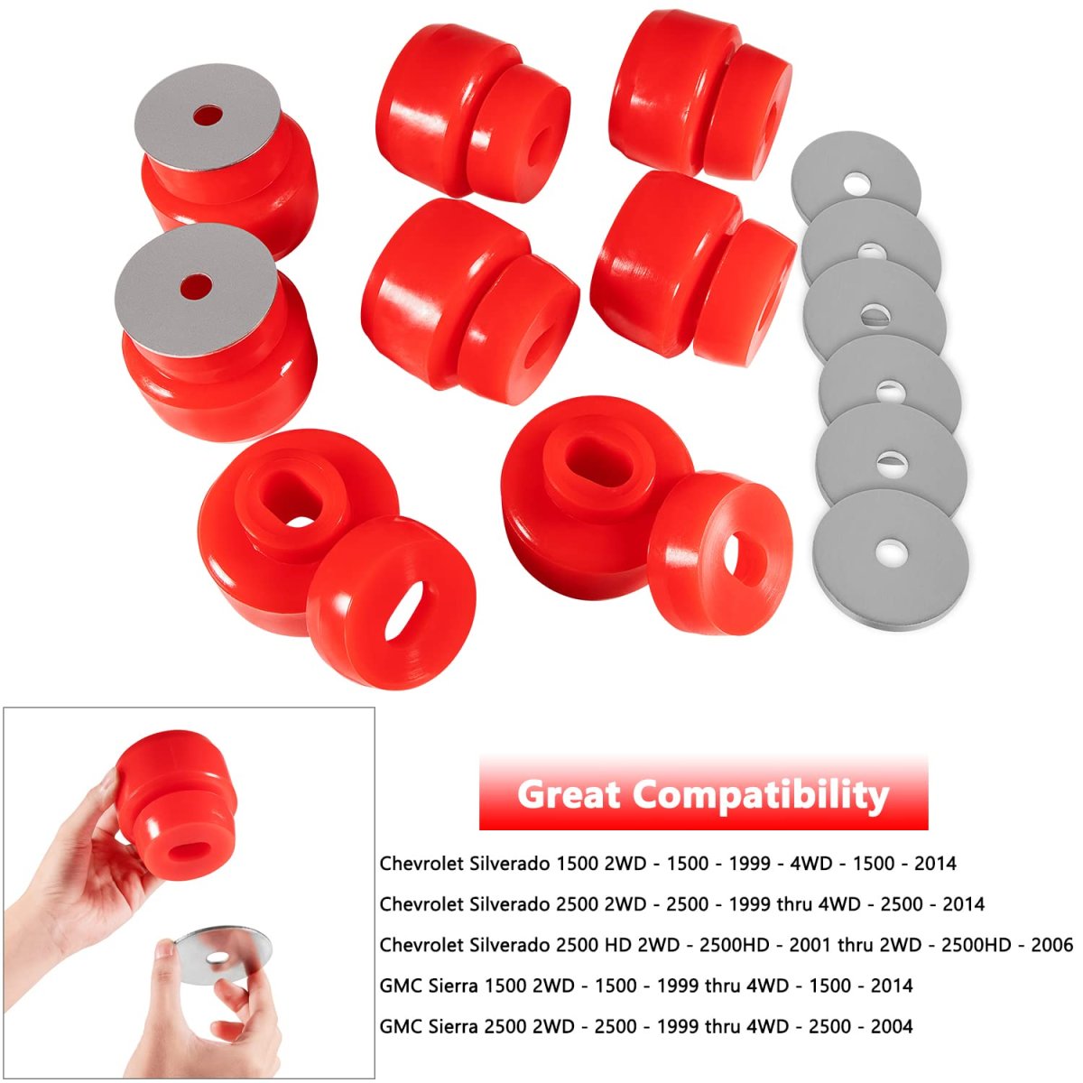 7-141 Body And Cab Mount Bushing Kit For Chevy Silverado Sierra 1500 2500 2wd 4wd 1999-2014 Polyurethane Mounts Washers Red
