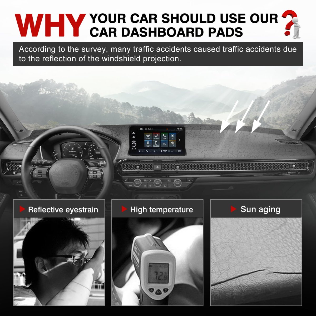 Gray Dashboard Cover Mat For Honda Civic 2022 2023 2024 2025 2026 Polyester Dash Sunshade Glare And Uv Rays Protector Lhd