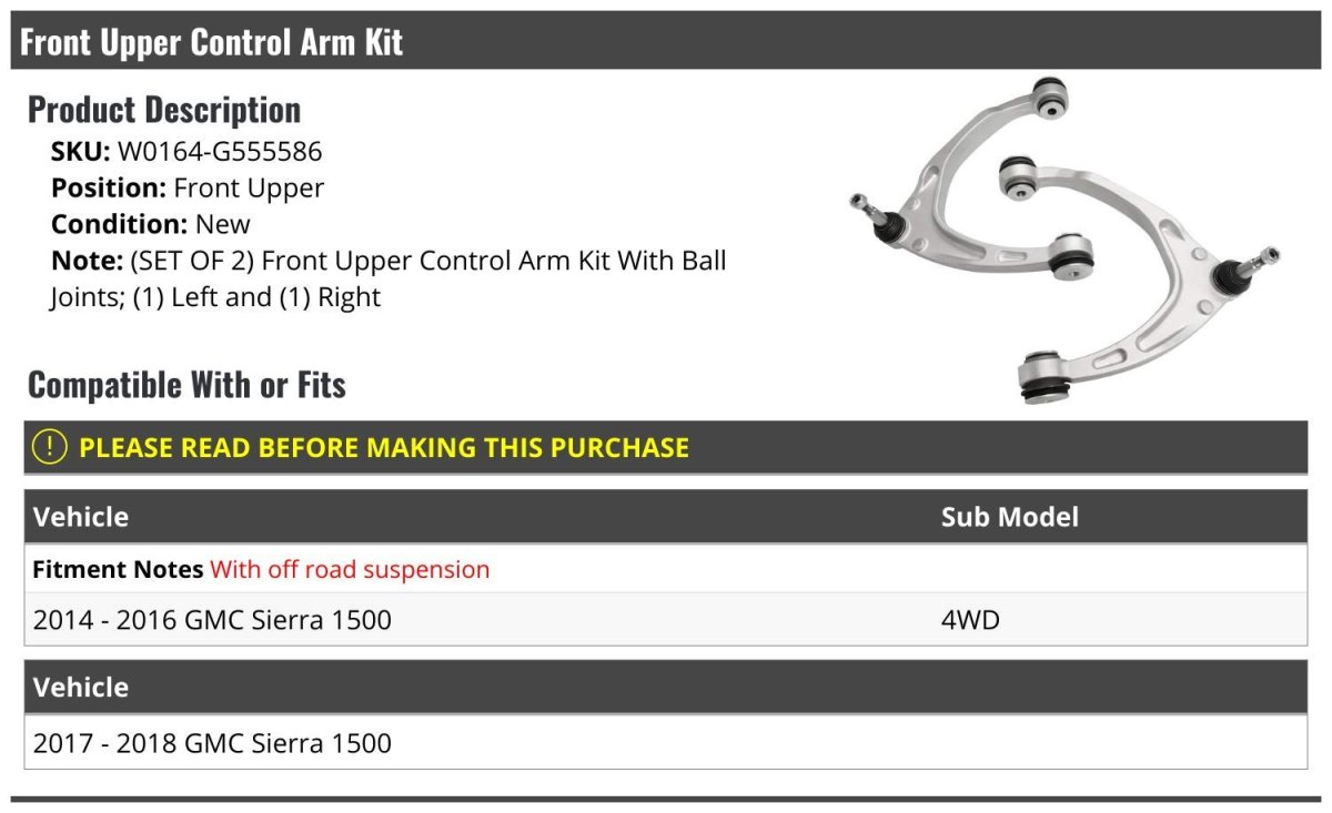 Front Upper Control Arm With Ball Joints Set Of 2 For 2014-2018 Gmc Sierra 1500 4wd