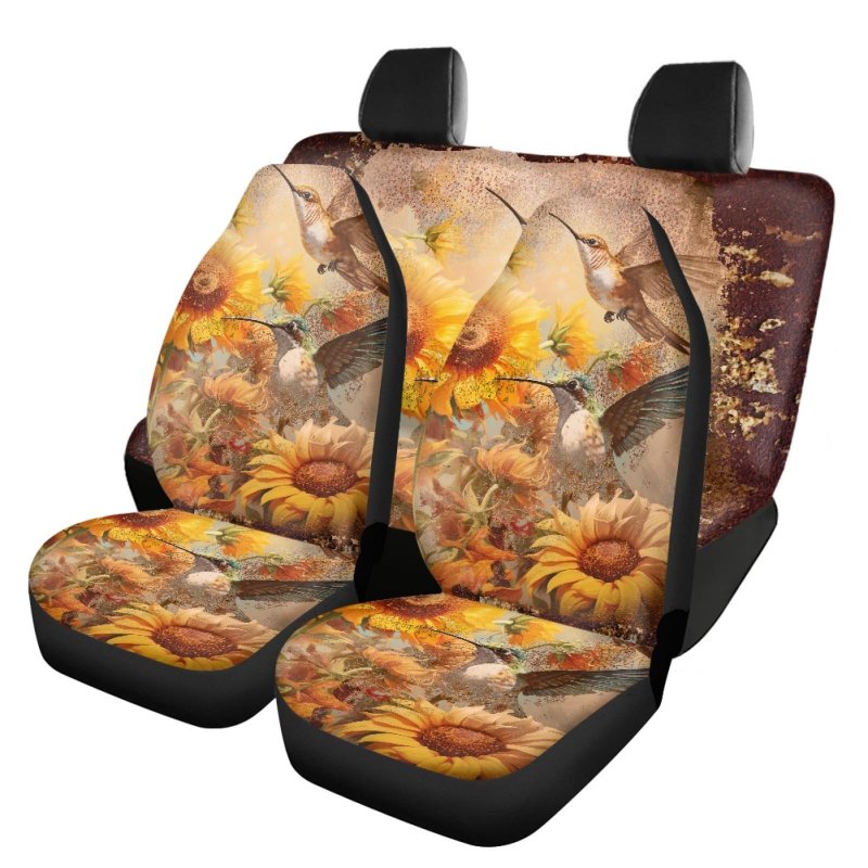 Wanyint Fall Hummingbird Floral Print Car Seat Cover Full Set For Women Men Breathable Front Rear Backrest Bottom Protector