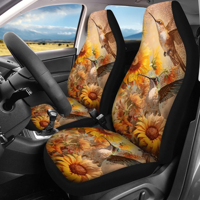 Wanyint Fall Hummingbird Floral Print Car Seat Cover Full Set For Women Men Breathable Front Rear Backrest Bottom Protector