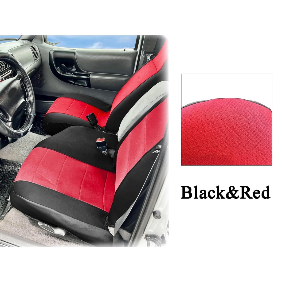 Black And Red 60 40 High Back Bench Seat Covers For Ford Ranger 1998 To 2003 Front Driver Passenger Without Console Polycotton
