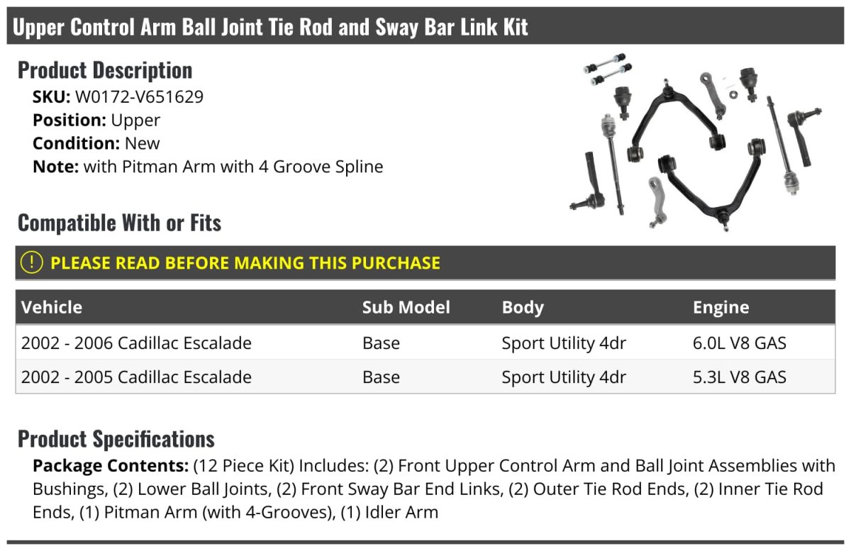 Upper Control Arm Ball Joint Tie Rod And Sway Bar Link Kit 12 Piece For 2002-2006 Cadillac Escalade Base Sport Utility 4-door