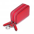Ugshy 1 Pc Car Leather Double-layer Key Case Large-capacity Storage Zipper Bag With Hook Universal Cars Home Use Red 