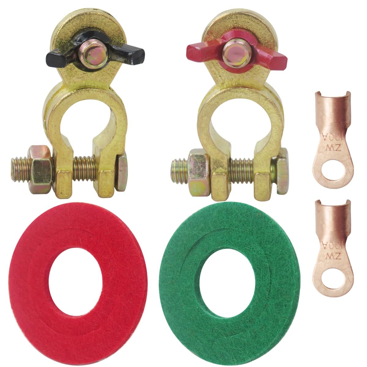1 Pair Solid Brass Marine Battery Terminal Connectors Top Post-with Color-coded Positive Negative Wing Nuts For 12v 24v