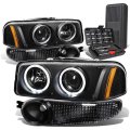 Dual Halo Black Amber Corner Projector Headlight W Bumper Lamps Tool Kit Compatible With Gmc Sierra Yukon Denali 01-06