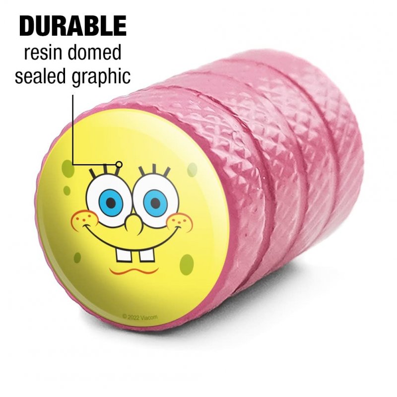 Spongebob Smiling Face Aluminum Tire Rim Wheel Valve Stem Caps Pink Resin Topped Air Covers For Cars Trucks And Vans 4 Piece