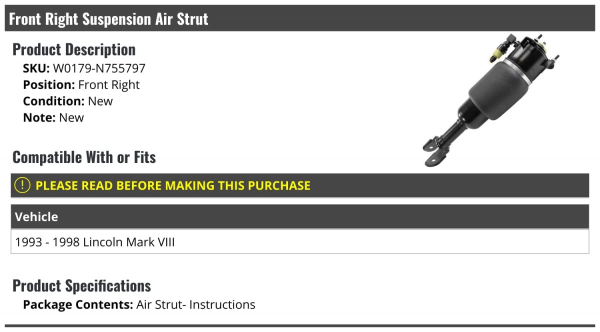 Front Right Passenger Side Suspension Air Strut For 1993-1998 Lincoln Mark Viii