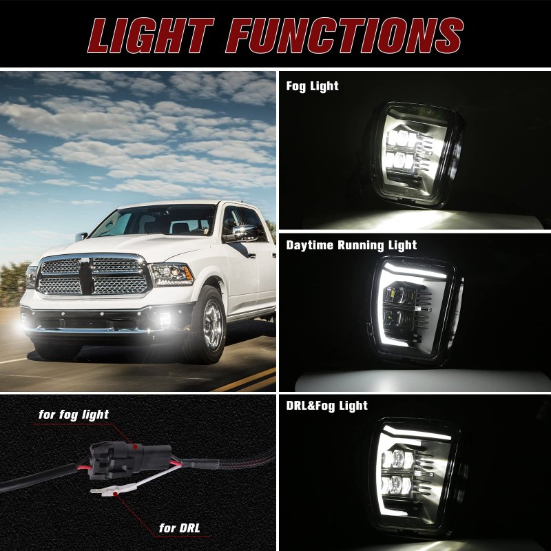 Bicyaco Upgraded Led Fog Light With Daytime Running Lights Clear Bumper Passing Lamps Drl For Dodge Ram 1500 2013 2014 2015