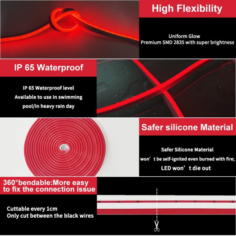 Led Neon Rope Light 16 4ft Red Silicone Flexible Strip 12v Dc Waterproof For Indoor Outdoor Diy Signage Decoration Power