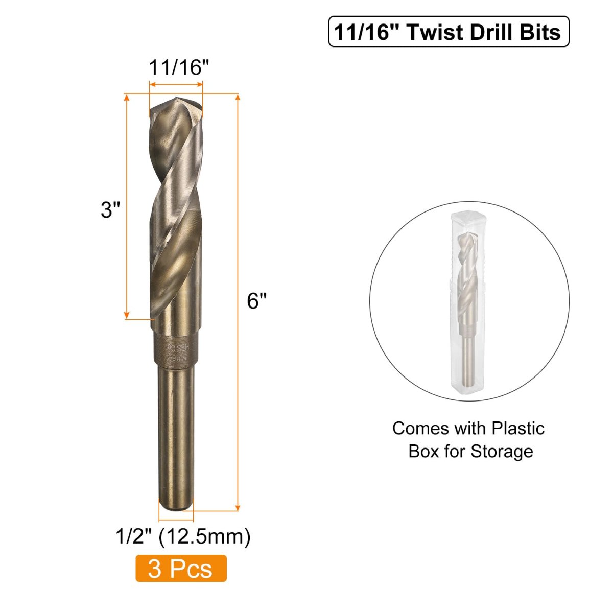 3pcs 11 16 M35 Cobalt Twist Drill Bits High-speed Steel Jobber Bit For Stainless Hardened Metal Cast Iron Aluminum Copper Soft