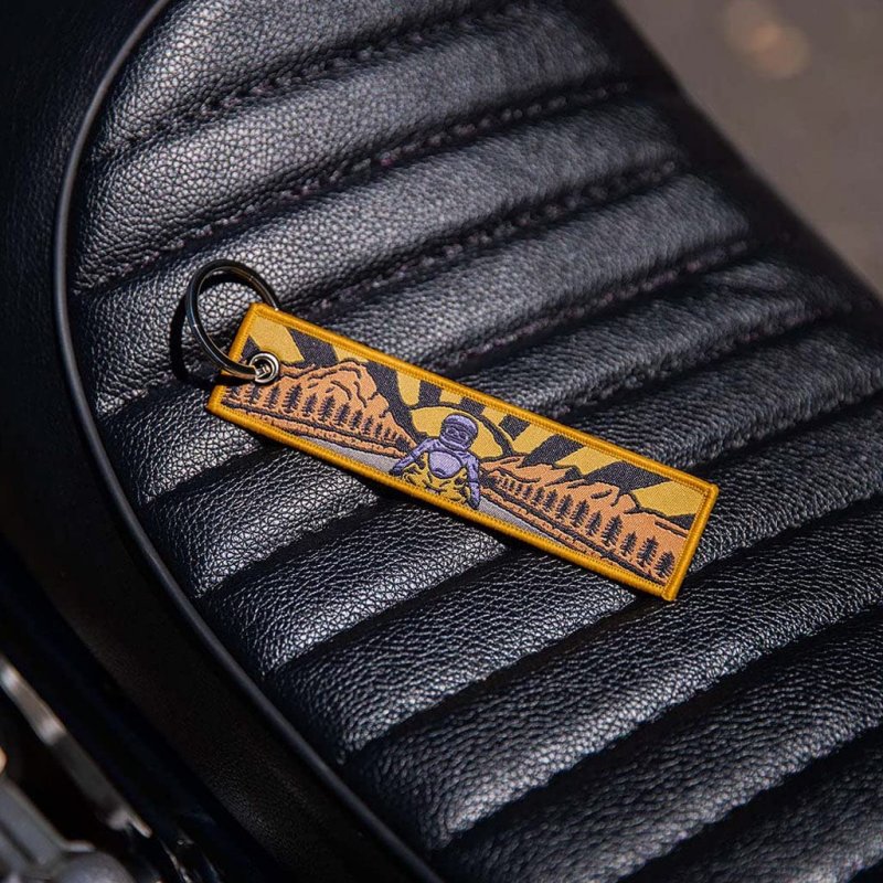 Sunset Rider Keychain For Motorcycles Scooters And Cars Scratch Resistant Fabric Key Tag With Metal Red Cable Rings 5 12 In