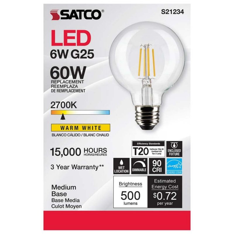S21234 6 Watt Led G25 Clear Globe Filament Light Bulbs 2700k Warm White Dimmable E Medium Base Wet Location 120v 6 Pack