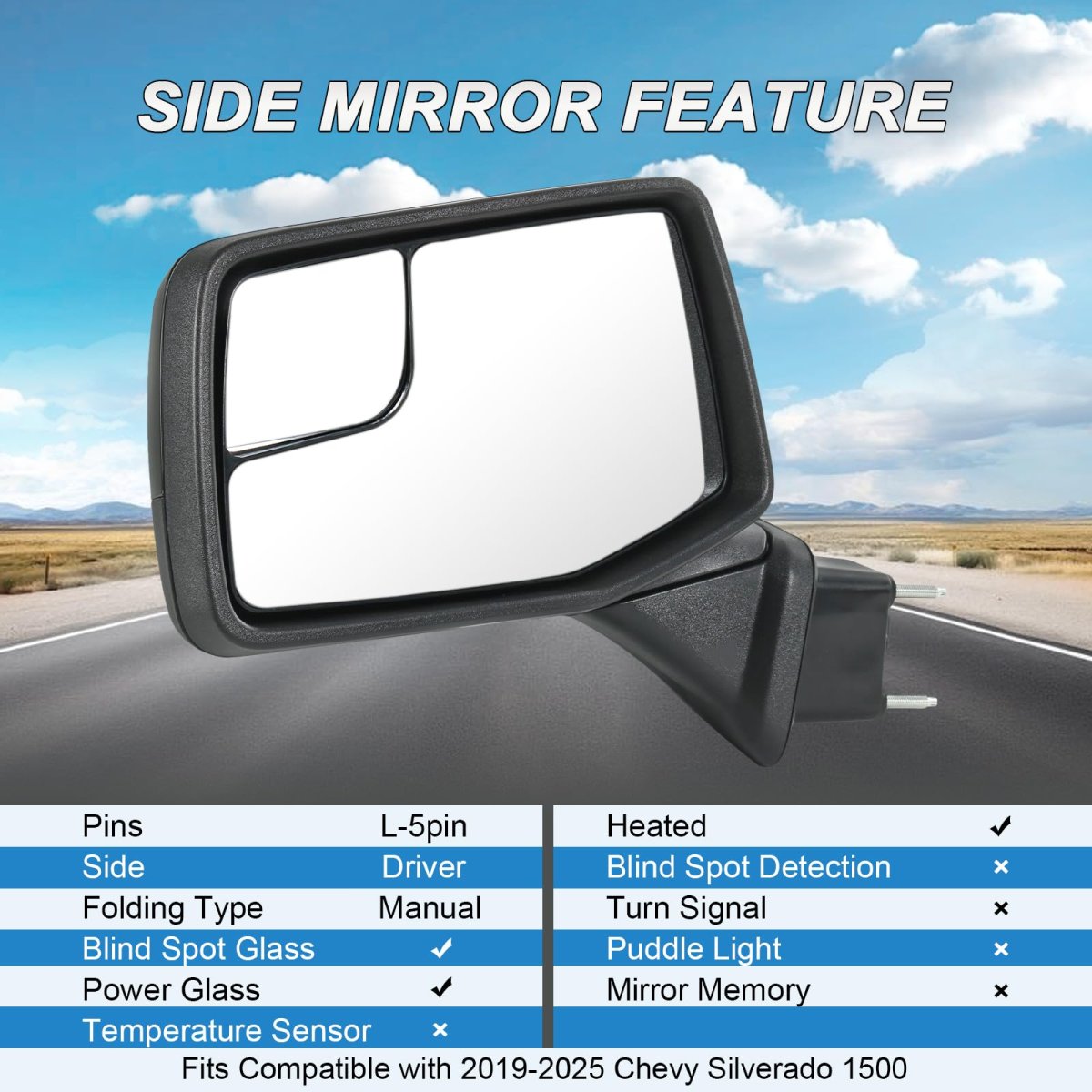 Left Driver Side Mirror For 2019-2024 Chevy Silverado 1500 Black Heated Power Glass Manual Folding Convex Blind Spot Replace