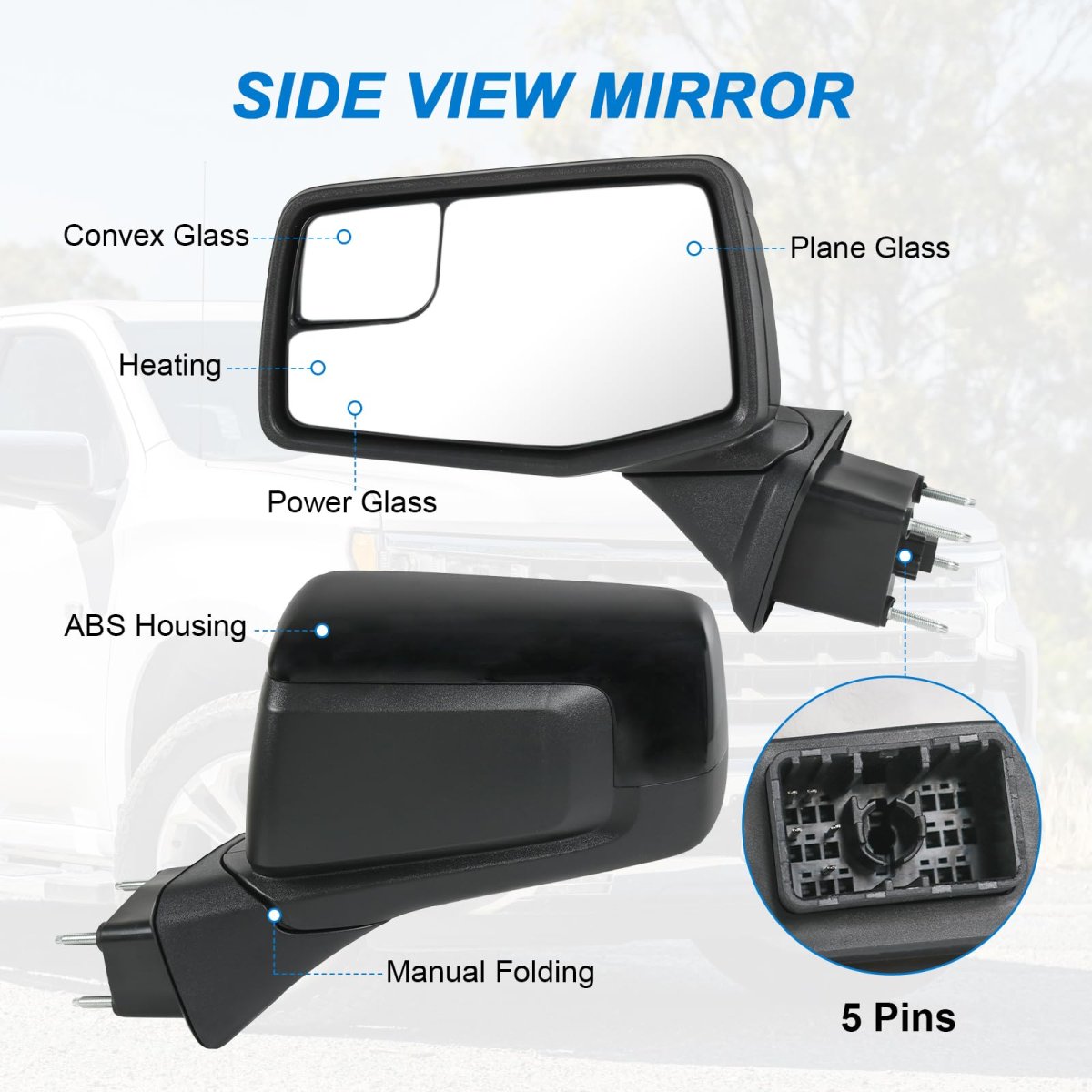 Left Driver Side Mirror For 2019-2024 Chevy Silverado 1500 Black Heated Power Glass Manual Folding Convex Blind Spot Replace