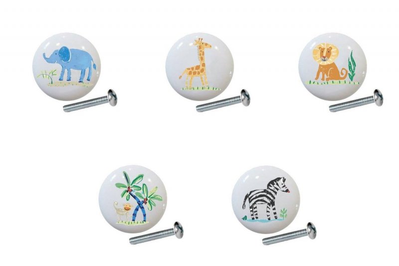 Set Of 5 African Safari Wildlife Kids Series 1 Ceramic Cabinet Dresser Drawer Pull Knob