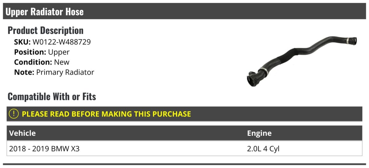 Upper Radiator Hose For 2018-2019 Bmw X3 2 0l 4-cylinder