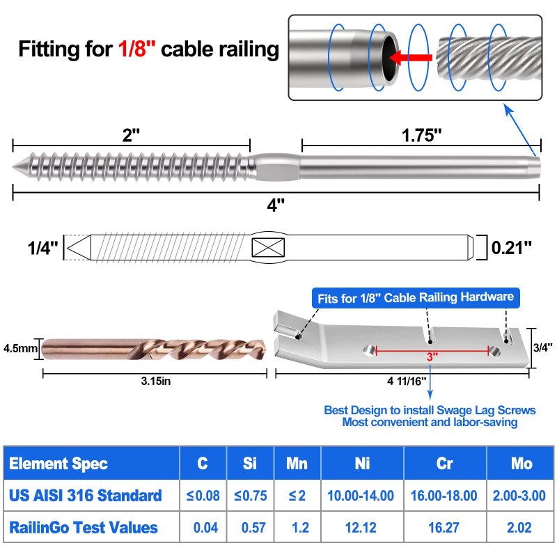 60 Pack Stainless Steel Cable Railing Lag Swage Screws 30 Pairs Left And Right Handed Thread For 1 8 In Deck Kit Wood Posts