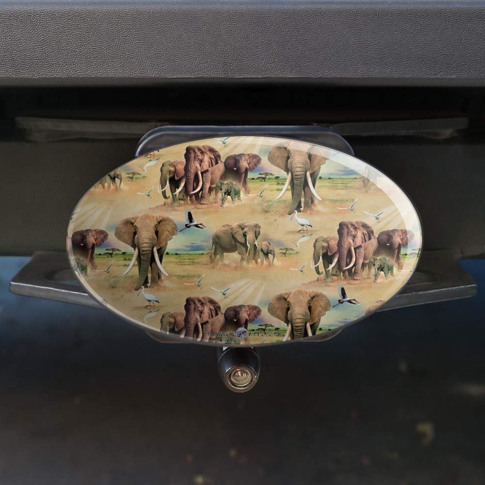 African Elephant Herd Pattern Oval Tow Trailer Hitch Cover Plug Insert For 2 In Receivers Black Abs Plastic Uv Resistant Design