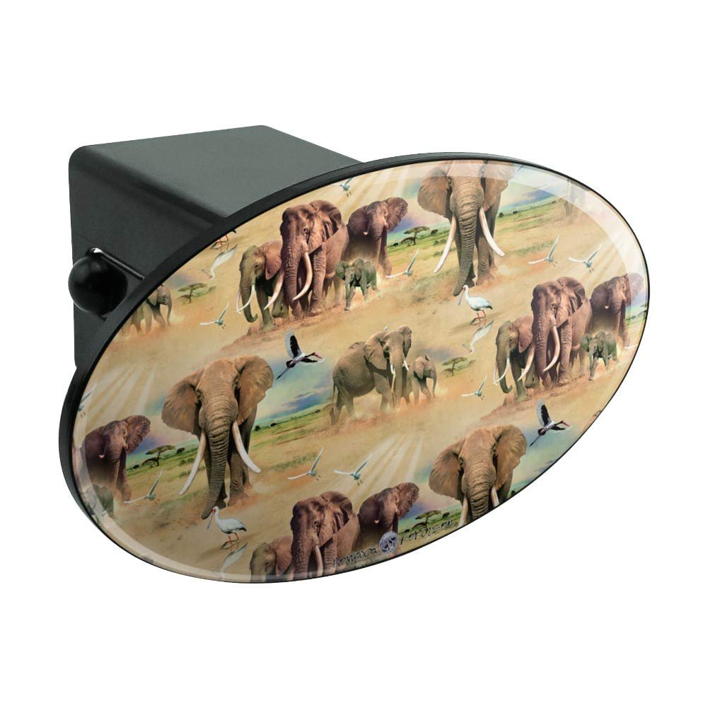 African Elephant Herd Pattern Oval Tow Trailer Hitch Cover Plug Insert For 2 In Receivers Black Abs Plastic Uv Resistant Design
