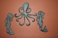 Cast Iron Home Decor Collectibles Beautiful Bronze-look Vintage-style Mermaid Octopus Bath Wall Hook Set Bundle 3 Items 