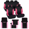 Black Pink Car Seat Covers W Split Bench Light Two Tone Carpet Floor Mats Full Set 