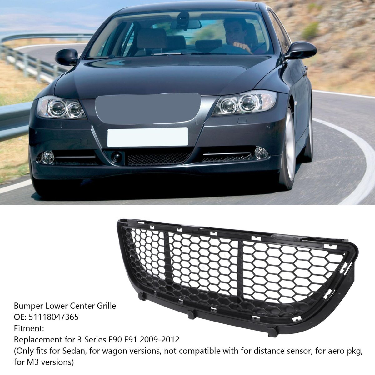 Car Bumper Face Bar Grilles Lower Center Grille 51118047365 Front Mesh Ventilation Grill For 3 Series E90 E91 2009 To 2012