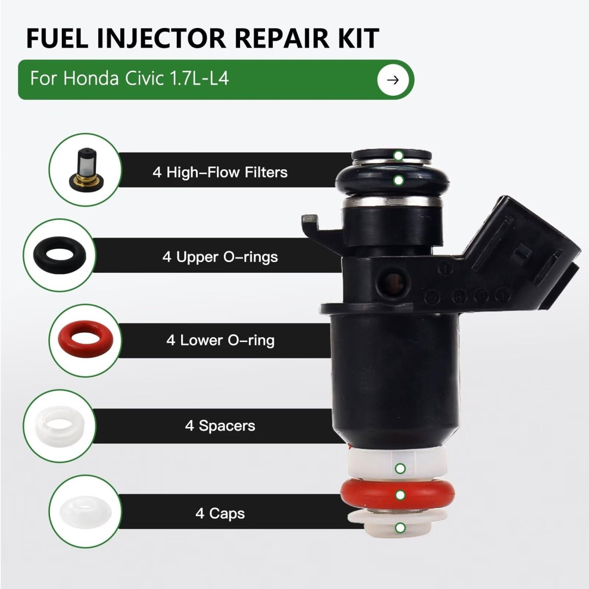 4 Pack Fj338 Fuel Injector Service Repair Kits For 2001 Honda Civic Lx Coupe 2-door 1 7l 1668cc L4 Gas Sohc Naturally Aspirated