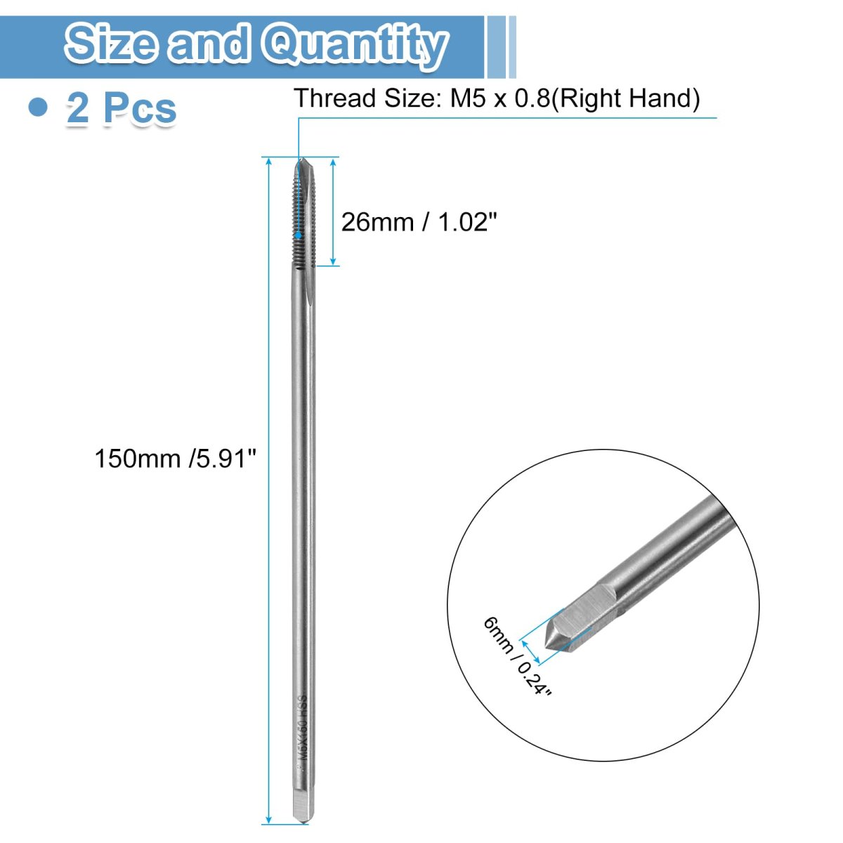 2pcs Straight Flute Thread Taps M5 X 0 8 H2 150mm Extra Long Metric Screw Machine Tap Threading Tapping Tools High-speed Steel