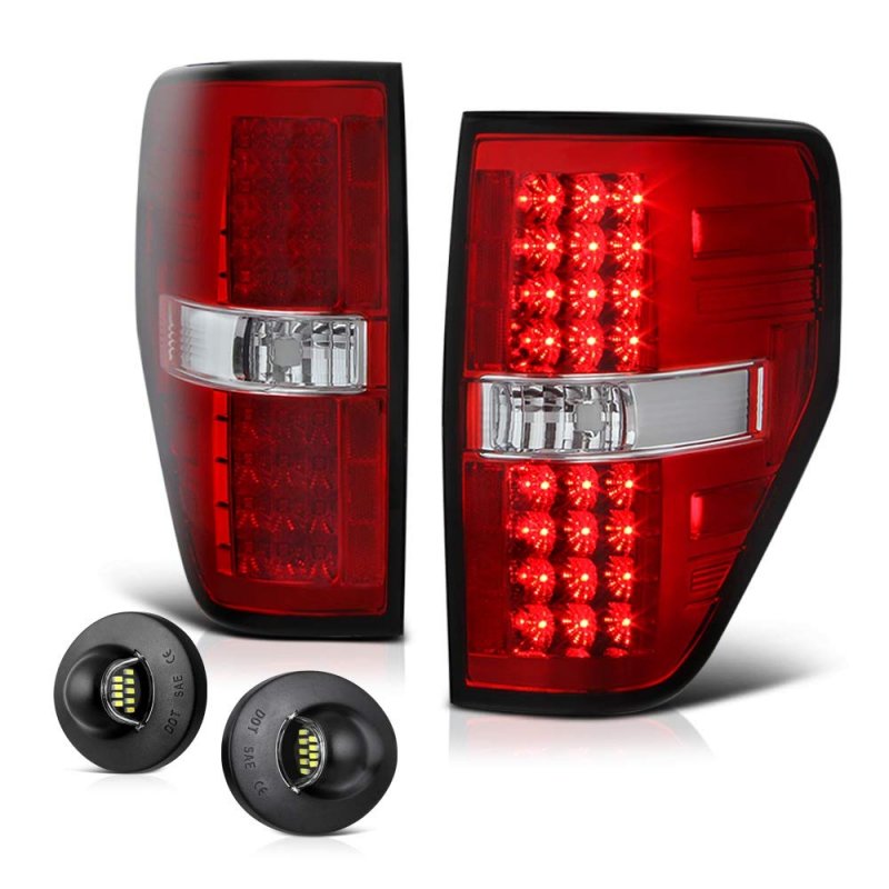 Red Lens Premium Led Tail Light Assembly Full-led License Plate Lamp Housing Replacement Bundle For 2009-2014 Ford F150 Pickup