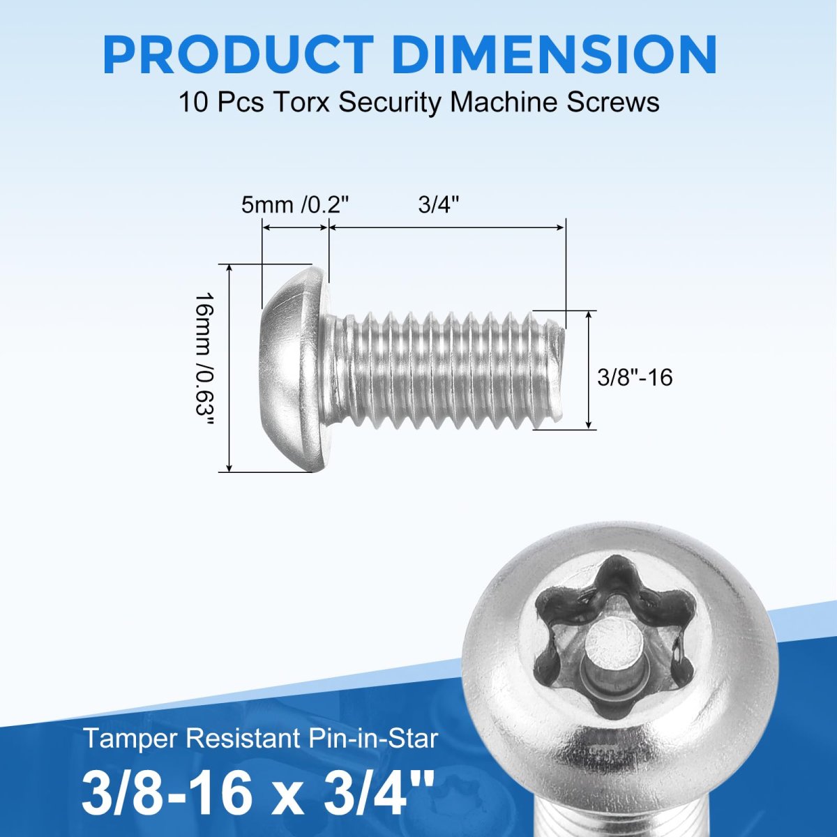 10pcs Torx Security Machine Screws 3 8-16 X 4 304 Stainless Steel Tamper Resistant Button Head Bolt Full Thread For Anti-theft