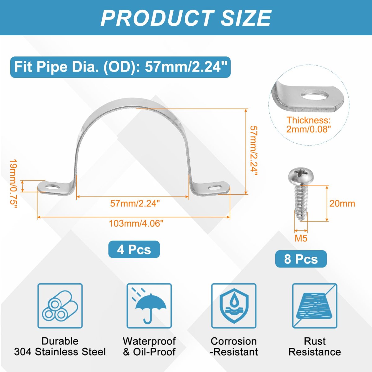 4pcs 57mm 2-1 4 Two Hole Rigid Pipe Strap 304 Stainless Steel Conduit Clamp Thicken U Bracket Heavy Duty With Self-tapping